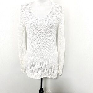 J. Jill Sweater Women Med White Mercerized Cotton Open Knit V-Neck  Cover Up EUC